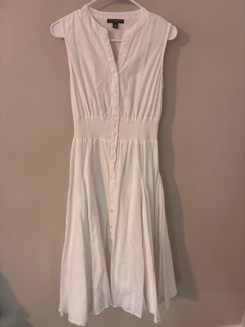 Chelsea & Theodore Sleeveless White Button-Front Midi with Smocked Waist